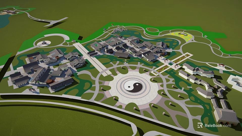 Traditional Style Commercial Street Featuring Tai Chi Square Green Spaces And Road Layout 3d model 