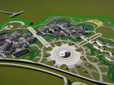 Traditional Style Commercial Street Featuring Tai Chi Square Green Spaces And Road Layout 3d model
