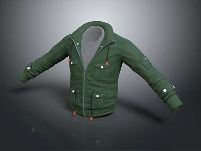 Green Jacket With Front Zipper Multiple Pockets Orange Drawstrings And Gray Lining 3d model