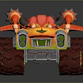 Red Cartoon Off Road Vehicle with Large Tires Orange Green Accents and Spikes
