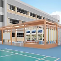 School Corridor with Students Walking Chinese Calligraphy Decorations Orange Ceiling and White Floor