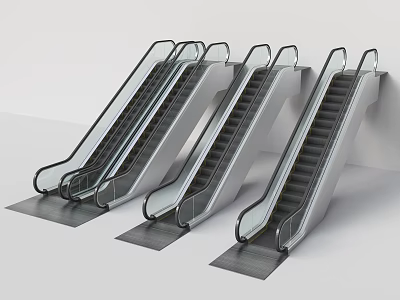 Modern Commercial Escalators With Silver Metal Frames Black Steps And Transparent Handrails 3d model