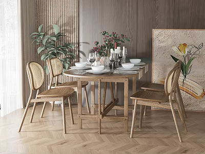 Wooden Dining Table Set with Rattan Chairs Flower Vase Candles and Art Painting 3d model