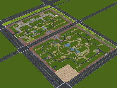 Aerial Planning Layout With Road Network Green Spaces Water Features And Building Areas 3d model