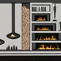 Modern Hanging And Built In Fireplace Design With Stacked Firewood Flames Decorative Shelves And Statues