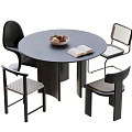 Round Dark Dining Table Set With Mixed Design Chairs Fruit Bowl And Open Book 3d model