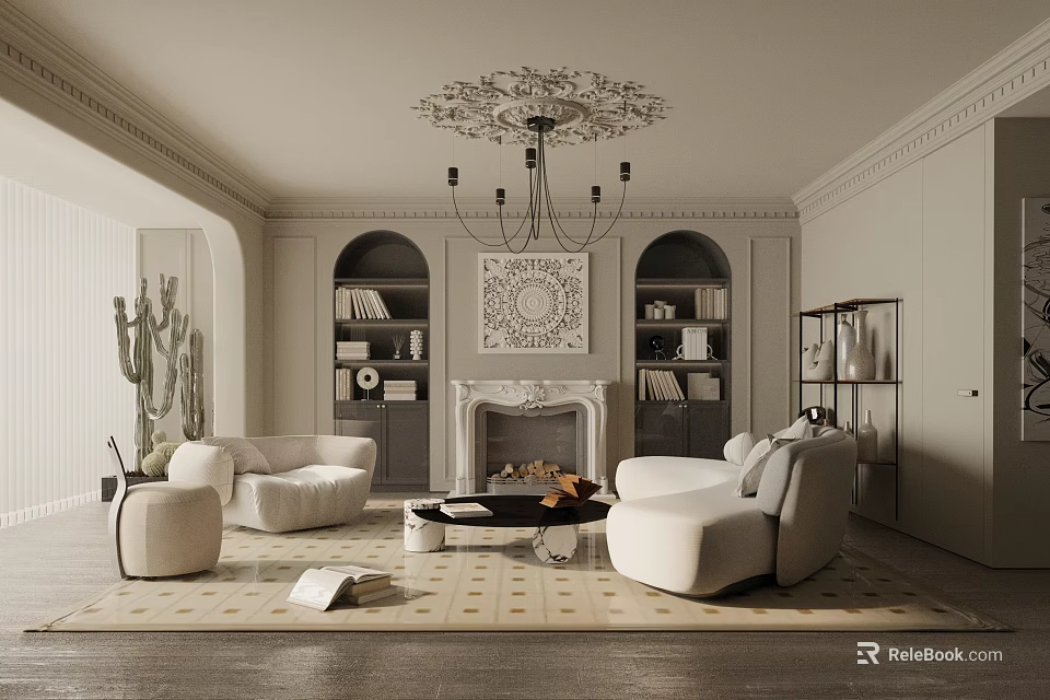 Elegant Living Room Interior With Chandelier Fireplace Bookshelves And Sofa Rug 3d model 