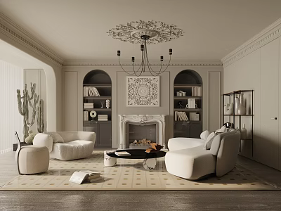 Elegant Living Room Interior With Chandelier Fireplace Bookshelves And Sofa Rug 3d model