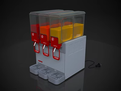 Four Container Drink Dispenser Kitchen Appliance With Red Orange Yellow Liquids And Red Buttons 3d model