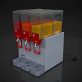 Four Container Drink Dispenser Kitchen Appliance With Red Orange Yellow Liquids And Red Buttons