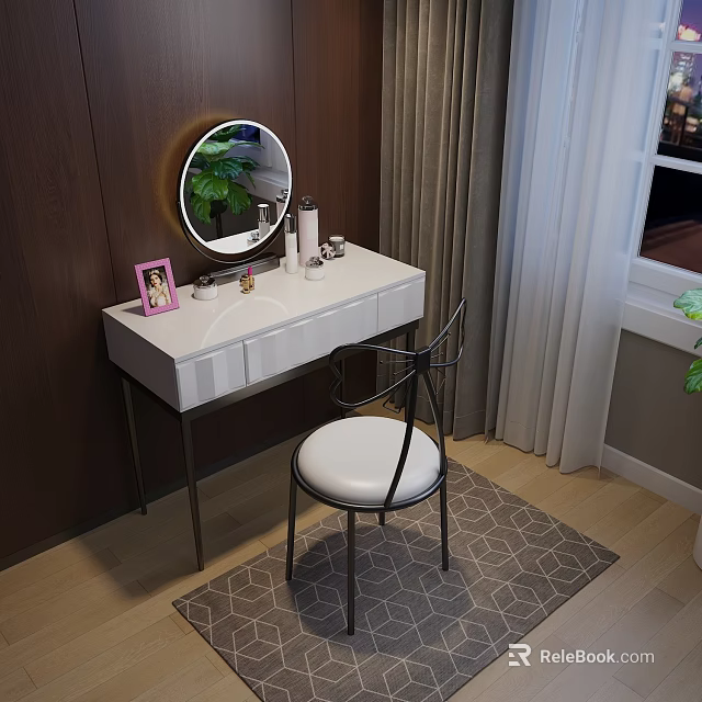White Dressing Table with Round Mirror Cosmetics Pink Frame and Black Chair on Geometric Rug 3d model 