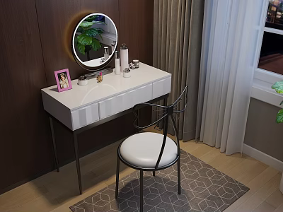 White Dressing Table with Round Mirror Cosmetics Pink Frame and Black Chair on Geometric Rug 3d model