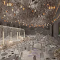 Elegant Luxurious Banquet Hall With Crystal Decorations Archway Flowers Lighting And Table Setup