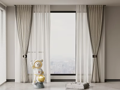 Light Gray Beige Sheer And Solid Curtains By Window With City View Indoor 3d model