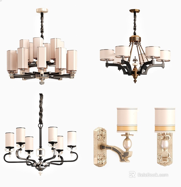 Elegant Lighting Fixtures Combination Featuring Chandeliers Wall Sconces Metal Frames Beige Shades 3d model 