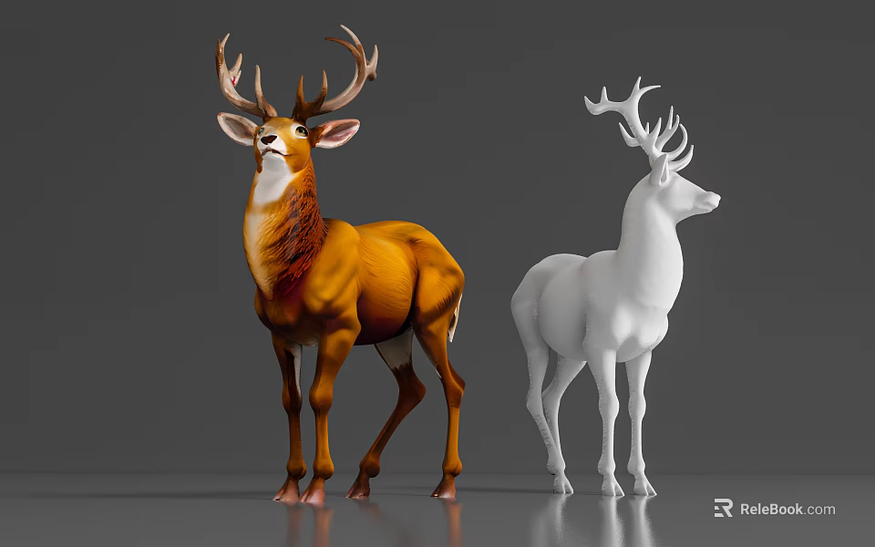 Realistic 3D Deer Models In Brown And White Colors On Gray Background 3d model 