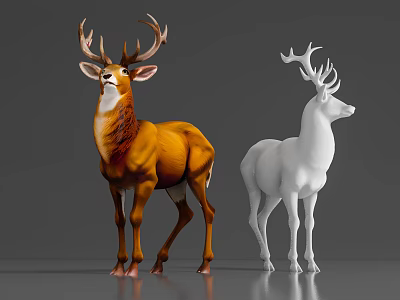 Realistic 3D Deer Models In Brown And White Colors On Gray Background 3d model