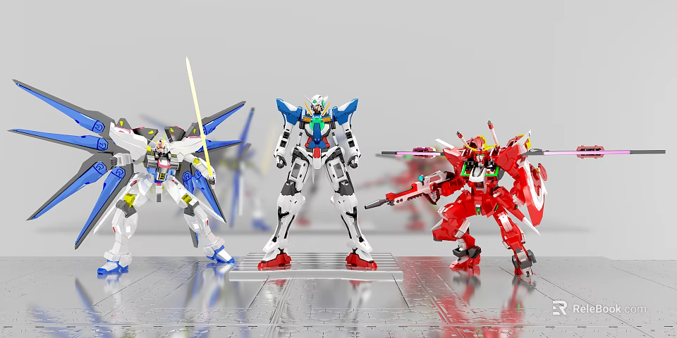 Multi Colored Robot Action Figures with Swords Displayed on Metal Surface 3d model 