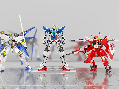 Multi Colored Robot Action Figures with Swords Displayed on Metal Surface 3d model Multi Colored Robot Action Figures with Swords Displayed on Metal Surface 3d model
