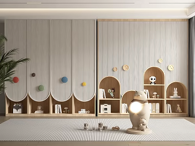 Open Design Wooden Bookshelf With Colorful Circular Decorations Books Striped Rug And Green Plant 3d model