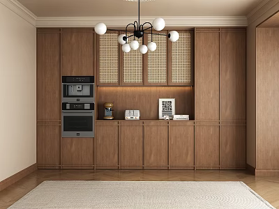 Modern Wooden Sideboard Cabinet In Dining Room With Chandelier And Storage Cabinets 3d model