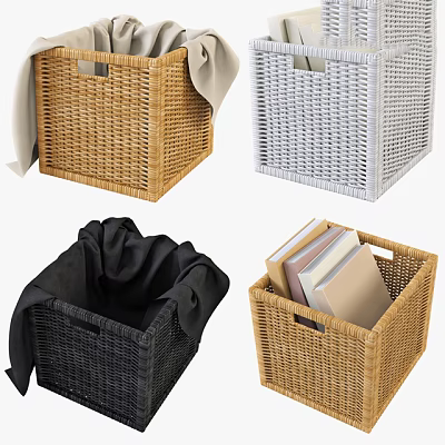 Woven Storage Baskets in Natural White Black for Home Organizing with Books and Fabrics 3d model