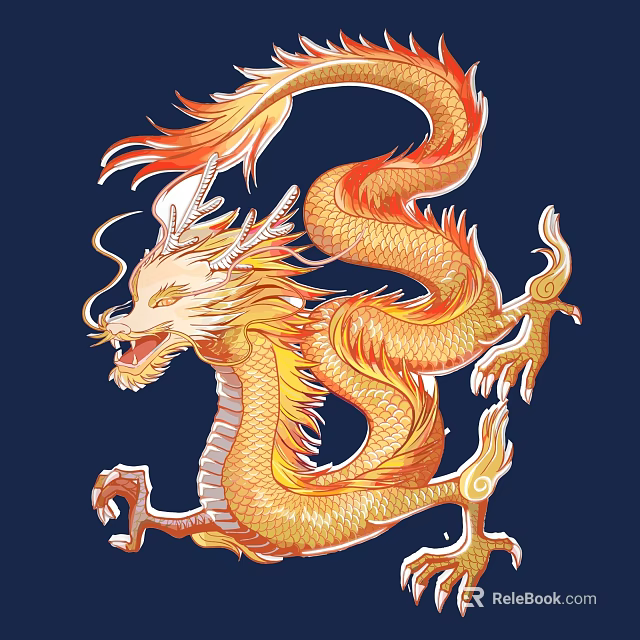 Golden Orange Chinese Dragon Artwork With Flowing Scales On Dark Blue Background 3d model 