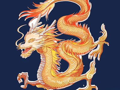 Golden Orange Chinese Dragon Artwork With Flowing Scales On Dark Blue Background 3d model