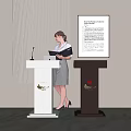 White And Dark Brown Podiums With Golden Emblems Microphone And Woman Holding Folder Nearby