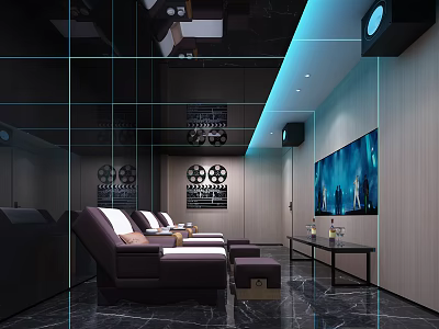 Luxurious Home Theater Interior With Purple Recliners Black Marble Flooring And Blue Lighting 3d model