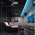 Luxurious Home Theater Interior With Purple Recliners Black Marble Flooring And Blue Lighting