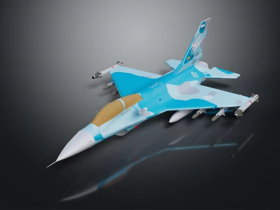 Blue and white fighter jet model with weapons and brown cockpit on dark background 3d model