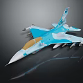 Blue and white fighter jet model with weapons and brown cockpit on dark background