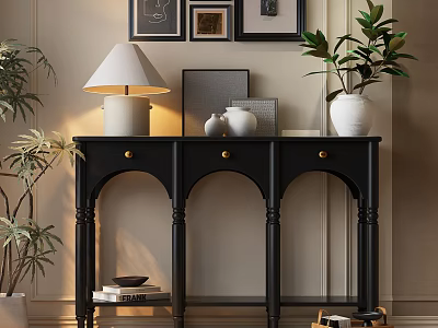 Black Entryway Console Table With Table Lamp Decorative Items Wall Art And Potted Plants 3d model