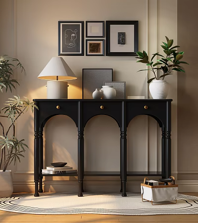 Black Entryway Console Table With Table Lamp Decorative Items Wall Art And Potted Plants 3d model