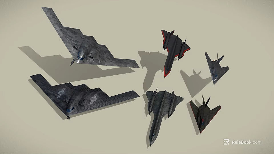 Various Stealth Fighter Jets In Dark Colors With Different Wing Designs 3d model 
