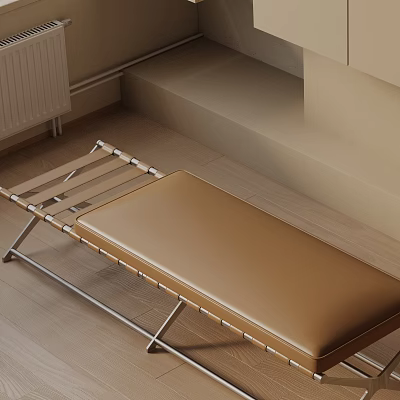Modern Brown Leather Sofa Bench With Metal Frame In Indoor Setting 3d model