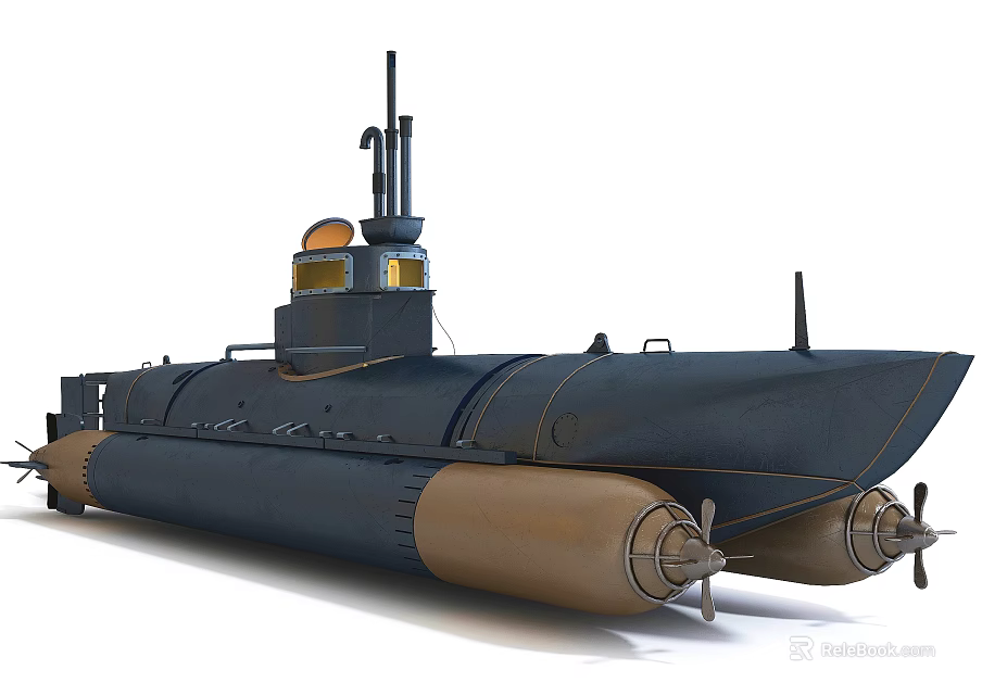 Military Submarine Vessel With Two Propellers Dark Hull And Superstructure Design 3d model 