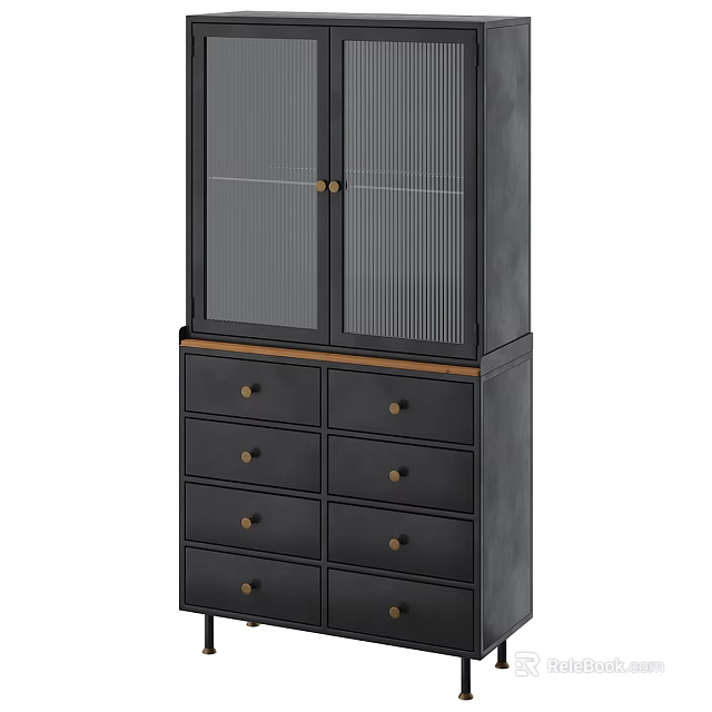 Modern Black Sideboard With Glass Doors Wooden Top And Storage Drawers 3d model 
