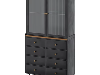 Modern Black Sideboard With Glass Doors Wooden Top And Storage Drawers 3d model