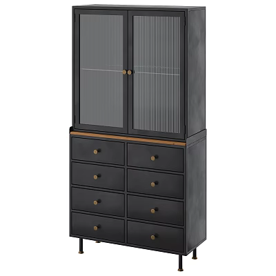 Modern Black Sideboard With Glass Doors Wooden Top And Storage Drawers 3d model