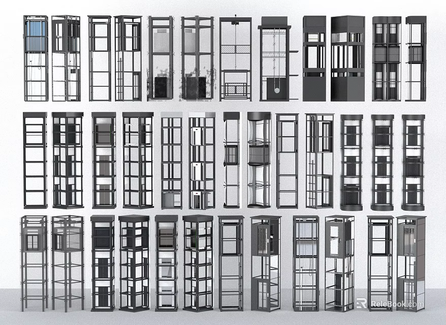 Various Modern Elevator Cabin Designs With Glass Doors And Metal Frame Structures 3d model