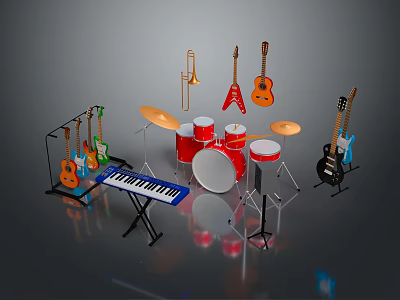 Home Living Musical Instruments Collection Including Guitars Drums Keyboard And Trumpet 3d model