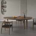 Wooden Oval Dining Table with Black Leather Chairs Fruit Plate and Green Plant Vase