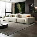 Modern Living Room With Blue Sofa Round Coffee Table Green Plant Wall And City View