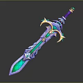 Fantasy Ornate Sword Weapon With Green Purple Decorations And Glowing Details