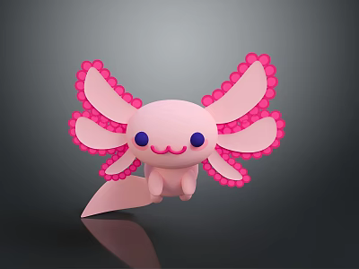 Cute Pink Axolotl Cartoon Character With Smiling Face Blue Eyes And Frilly Gills 3d model