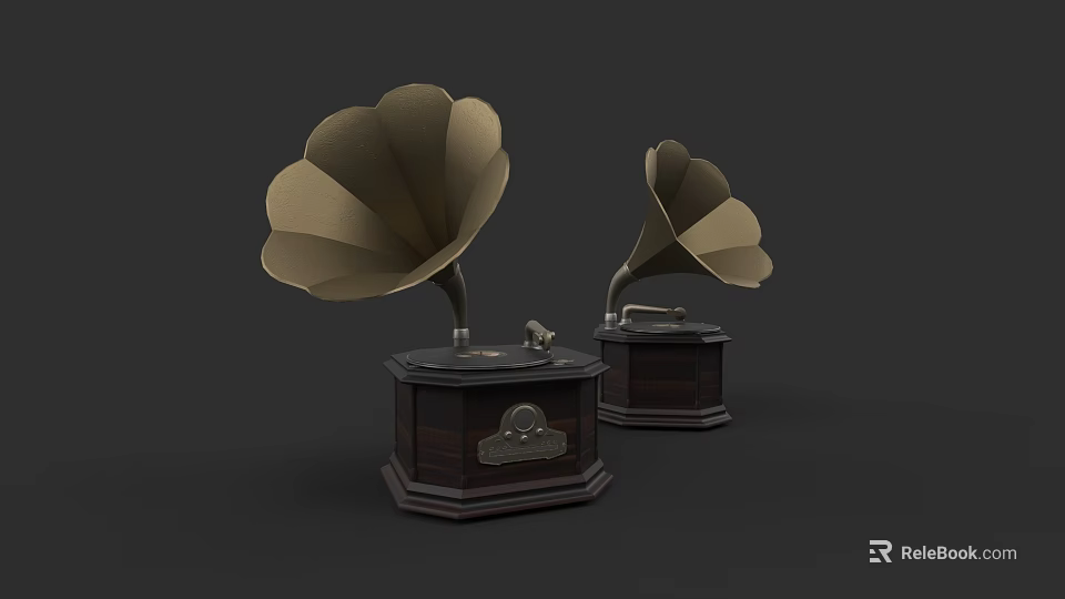 Vintage Musical Instruments Gramophones With Golden Horns Dark Wooden Bases And Decorative Design 3d model 