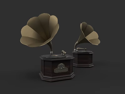 Vintage Musical Instruments Gramophones With Golden Horns Dark Wooden Bases And Decorative Design 3d model