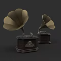 Vintage Musical Instruments Gramophones With Golden Horns Dark Wooden Bases And Decorative Design